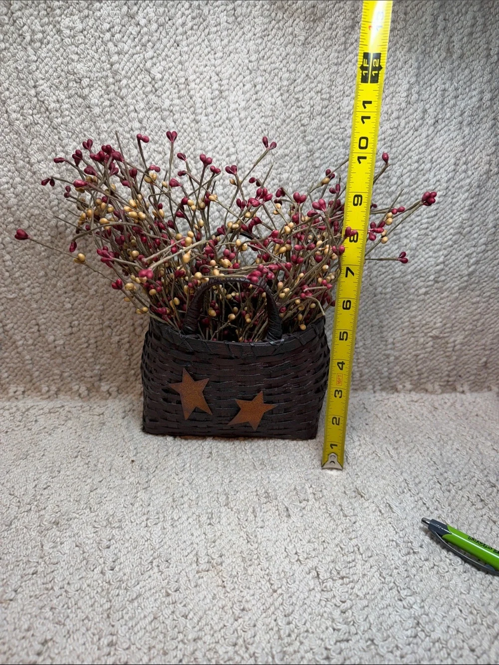 Primitive Rustic Brown Woven Accent Basket with Star Details